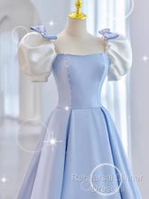 Modest Princess Short Sleeves Long Blue Satin Semi Formal Prom Dress